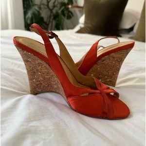Orange satin cork heel wedges